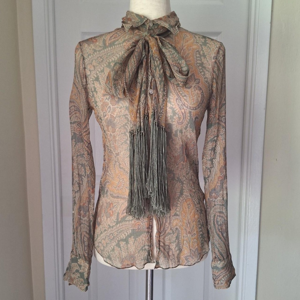 Ralph Lauren Vintage Paisley Silk Tie-Neck Blouse Boho Gypsy Indie Victorian